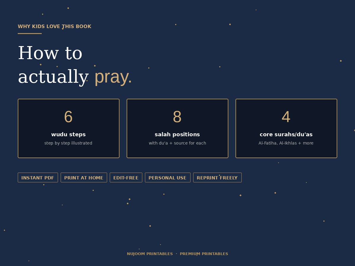 PDF · Islamic Activity Book for Kids Vol 3 | 37 Pages: Wudu Steps, Salah Positions, Du'as, 30-Day Tracker, Masjid Manners