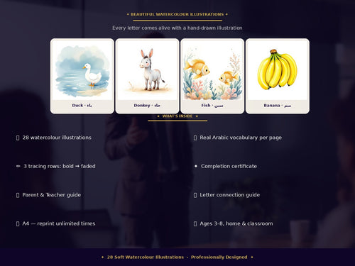 PDF · Arabic Alphabet Tracing Worksheets | 28 Letters with Watercolour Illustrations & Certificate