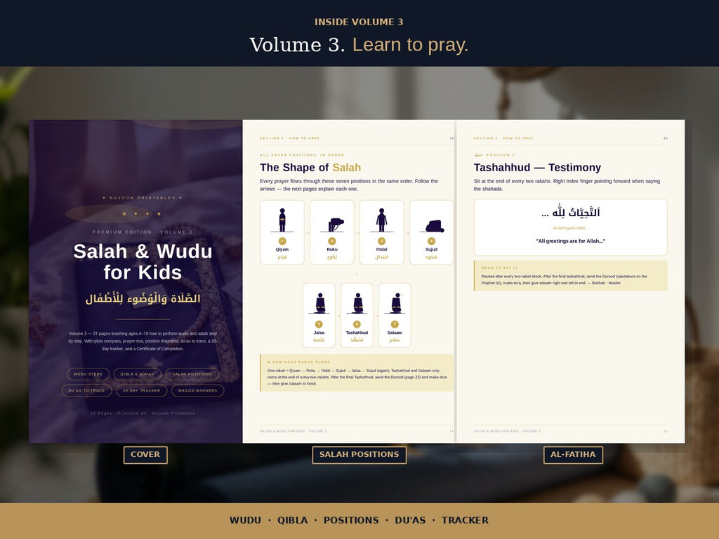 PDF · Islamic Activity Book for Kids Vol 3 | 37 Pages: Wudu Steps, Salah Positions, Du'as, 30-Day Tracker, Masjid Manners