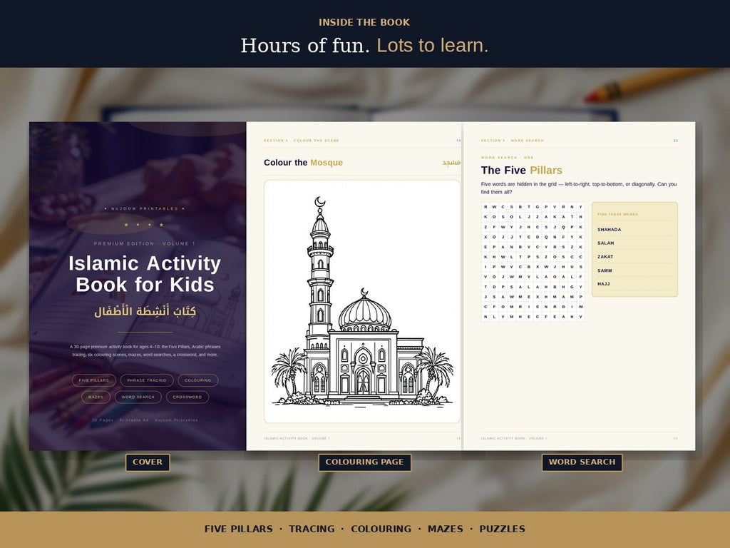 PDF · Islamic Activity Book for Kids Vol 1 | 36 Pages: Five Pillars, Phrase Tracing, Colouring, Mazes and Puzzles | PDF Download