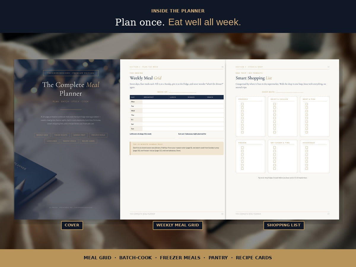 PDF · The Complete Meal Planner | 25-Page Weekly Meal Grid, Batch-Cook Plan, Pantry Inventory, Recipe Cards and Shopping List | PDF Download