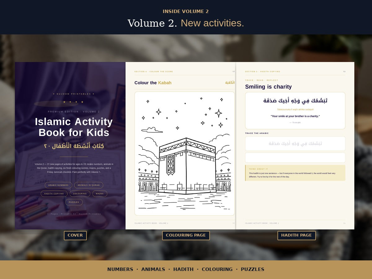 PDF · Islamic Activity Book for Kids Vol 2 | 37 Pages: Arabic Numbers, Animals in Quran, Hadith, Colouring, Mazes and Puzzles